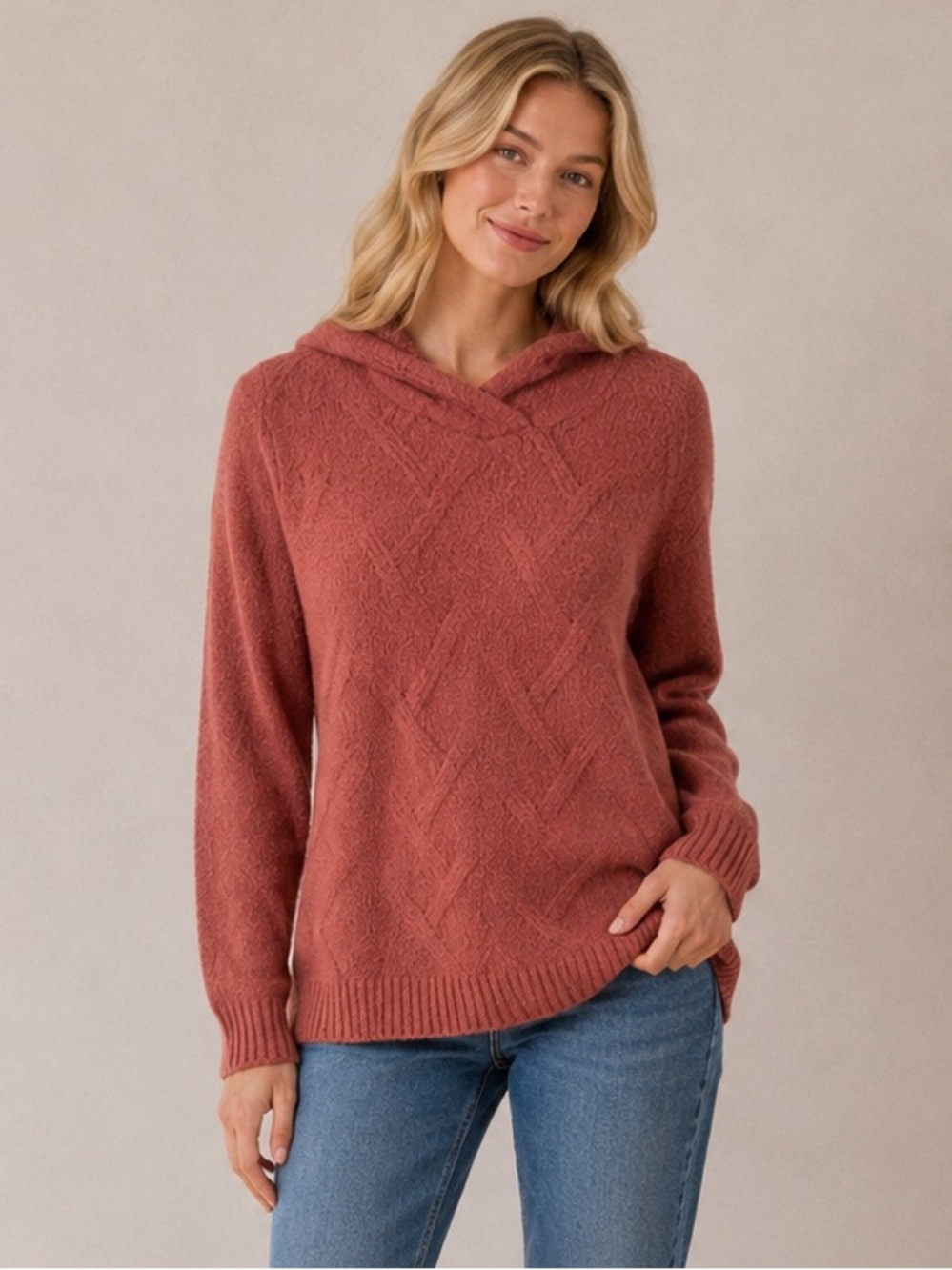 Coldwater Creek Rust Brown Cable Knit Hoodie Sweater Soft Relaxed Chic size XS